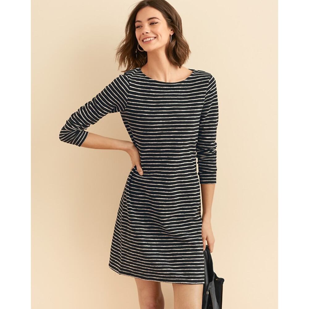 Garnet Hill Easy Textured Knit Dress Flowy Swing Striped Cinched Sleeves, Sz XS